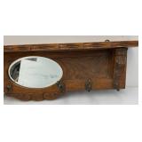 Solid Oak Coat Rack/Shelf With Beveled Oval Mirror 36" x 11" x 3 1/2" (Two Hangers Broke)