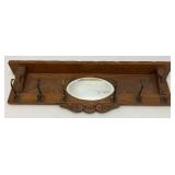 Solid Oak Coat Rack/Shelf With Beveled Oval Mirror 36" x 11" x 3 1/2" (Two Hangers Broke)