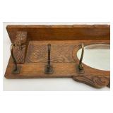 Solid Oak Coat Rack/Shelf With Beveled Oval Mirror 36" x 11" x 3 1/2" (Two Hangers Broke)