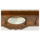 Solid Oak Coat Rack/Shelf With Beveled Oval Mirror 36" x 11" x 3 1/2" (Two Hangers Broke)