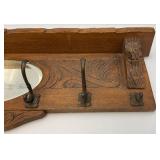 Solid Oak Coat Rack/Shelf With Beveled Oval Mirror 36" x 11" x 3 1/2" (Two Hangers Broke)