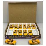 New Old Stock Case Of City Yellow Cab Die Metal And Plastic Cast Taxis With Pull Back And Go Action