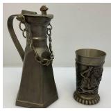 Antique NAGYKERY Swiss Pewter Beer Tankerd And Vintage German Pewter Wine Gobblet With Stagg Hunting Theme