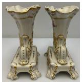 Antique Cornucopia Vases In French Porcelain 1800 Set Of 2 (Some Gold Worn Off From Age)