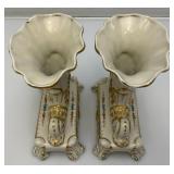 Antique Cornucopia Vases In French Porcelain 1800 Set Of 2 (Some Gold Worn Off From Age)