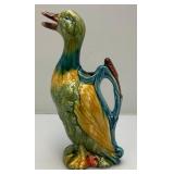 Vintage Colorful Hand Painted French Faience Majolica Mallard Duck Ceramic Jug Pitcher 12 1/2" (Crazing Present In Clear Coat, Common)
