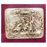 Framed Behind Glass Vintage Hunting Scene Relief Carvings 8 1/2" x 17 1/4"