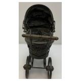 Victorian Antique Doll Pram-French Handmade Metal Doll Carriage 6" x 12" x 12"