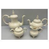 1973  Ornate Pottery Tea Set Marked JERRI On Bottom (One Teapot Lid Handle Glued)
