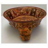 Pre Columbian Mayan Polychrome Pottery Tripod Bowl W/Bear Head Legs 10 3/4" (Some Chips Present On Lip Do To Age)