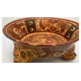 Pre Columbian Mayan Polychrome Pottery Tripod Bowl W/Bear Head Legs 10 3/4" (Some Chips Present On Lip Do To Age)