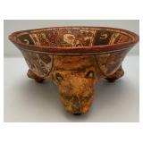 Pre Columbian Mayan Polychrome Pottery Tripod Bowl W/Bear Head Legs 10 3/4" (Some Chips Present On Lip Do To Age)