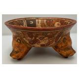 Pre Columbian Mayan Polychrome Pottery Tripod Bowl W/Bear Head Legs 10 3/4" (Some Chips Present On Lip Do To Age)