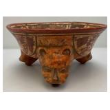 Pre Columbian Mayan Polychrome Pottery Tripod Bowl W/Bear Head Legs 10 3/4" (Some Chips Present On Lip Do To Age)