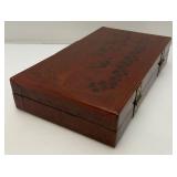 Very Old Oriental Wooden Tea Box With Oriental Designs 3" x 8" x 14 1/2"
