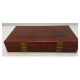 Very Old Oriental Wooden Tea Box With Oriental Designs 3" x 8" x 14 1/2"