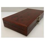 Very Old Oriental Wooden Tea Box With Oriental Designs 3" x 8" x 14 1/2"