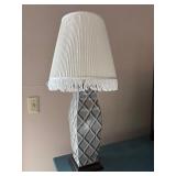 Table Lamp - Geometric Diamond Pattern Ceramic Base with White Pleated Shade
