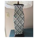 Table Lamp - Geometric Diamond Pattern Ceramic Base with White Pleated Shade