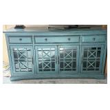 Turquoise Painted Console Cabinet With Glass-Lattice Doors - 60 in Wide, 30 in High