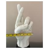 White Hand Sculpture on Black Base with Coral Accents and Display Mirror Frame