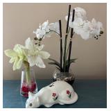 Vintage Porcelain Cat Figurine made by Alcobaca and Two Floral Vase Arrangements