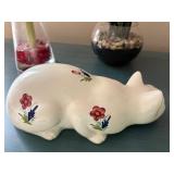Vintage Porcelain Cat Figurine made by Alcobaca and Two Floral Vase Arrangements