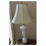 White Ceramic Urn-Base Table Lamp With Floral Relief - Approx 32 In Tall