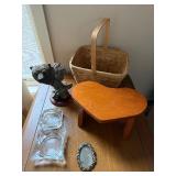 Bear Bust Sculpture with Heart-Shaped Wooden Stool, Glass Ashtrays, Wicker Basket & Jewelry Dish
