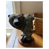Bear Bust Sculpture with Heart-Shaped Wooden Stool, Glass Ashtrays, Wicker Basket & Jewelry Dish