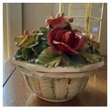 Brass-Framed Glass Display Cabinet - Italian Majolica Flower Basket with Lid - Star-Spangled Mug