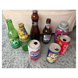 Assorted Beverage Bottles & Cans - Coca-Cola, Mountain Dew, Bud Light, Labatt Blue, Sprite