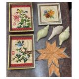 Embroidered Bird & Floral Wall Art Set - 3 Framed Cross-Stitch Panels & Seashell Decor & Matchstick Star