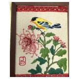 Embroidered Bird & Floral Wall Art Set - 3 Framed Cross-Stitch Panels & Seashell Decor & Matchstick Star