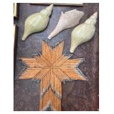 Embroidered Bird & Floral Wall Art Set - 3 Framed Cross-Stitch Panels & Seashell Decor & Matchstick Star