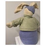Handmade Fabric Bunny Plush - Green Jacket, Purple Dress, Shovel Accessory - 18 Inches Tall
