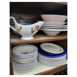 Entire Contents of the Cupboard Including Serving Pieces, Blue & White Porcelain Dinnerware Set with Glassware - Gravy Boat Included