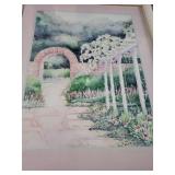 Framed Garden Scene Print - Pink Mat & Light Wood Frame