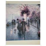Framed Impressionist Print - Riverside Promenade with Pink Blossoms