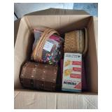 Vintage Wooden Treasure Chest, Wicker Basket & Carved Box