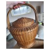 Vintage Wooden Treasure Chest, Wicker Basket & Carved Box