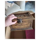 Vintage Wooden Treasure Chest, Wicker Basket & Carved Box