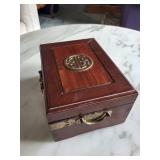 Chinese-Style Hardwood Jewelry Box with Brass Clasp, Medallion & Red Fabric Interior