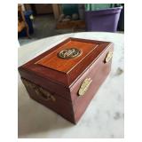 Chinese-Style Hardwood Jewelry Box with Brass Clasp, Medallion & Red Fabric Interior