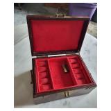Chinese-Style Hardwood Jewelry Box with Brass Clasp, Medallion & Red Fabric Interior