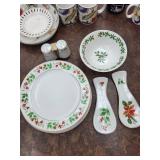 Holly Border Christmas Dinnerware Set - 6 Dinner Plates & Bowl & 2 Spoons and Salt and Pepper Set