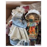 Bubble Glass Vase & 2 Vintage Rag Dolls with Lace Bonnets - Vintage Decor