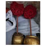 Gold Spherical Vases with Red Faux Roses - Ornate Home Decor Set for Mantel