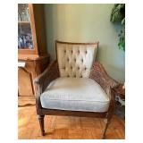Vintage Wooden Armchairs with Tufted Upholstery and Cane Detailing