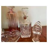 Crystal and Glass Decorative Lot: Matching Mikassa Clock, Decanters, Heart Bowl
